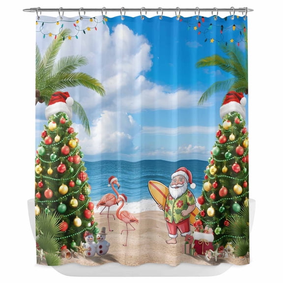 Xipuska Coastal Christmas Shower Curtain - Water Repellent Fabric Shower Curtains Washable, Xmas Santa Tree Flaming Beach Decorative Polyester Cloth Bathroom Curtains Modern Bath Decor 72"x78"