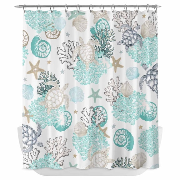 Xipuska Coastal Coral Shower Curtain - Water Repellent Fabric Shower Curtains Washable, Ocean Nautical Turtle Seashells Starfish Decorative Polyester Cloth Bathroom Curtains Modern Bath Decor 72"x78"