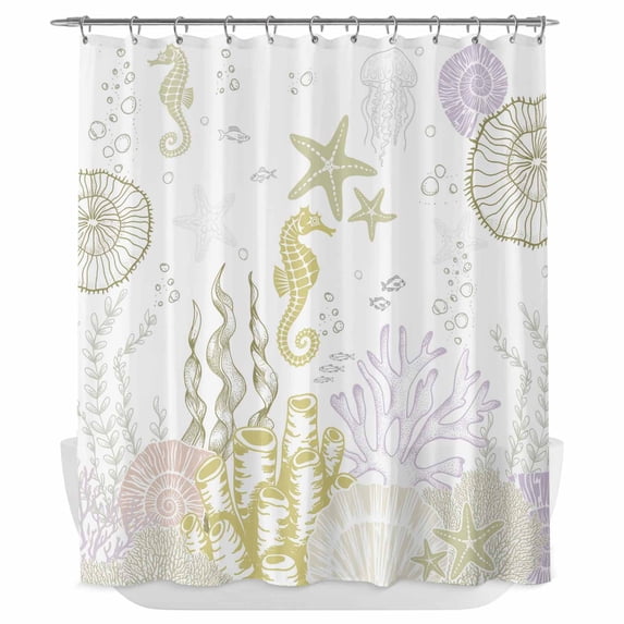 Xipuska Coastal Shower Curtain - Water Repellent Fabric Shower Curtains Washable, Yellow-green Ocean Coral Starfish Jellyfish Decorative Polyester Cloth Bathroom Curtains Modern Bath Decor 72"x72"