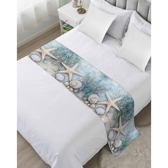 Xipuska Coastal Starfish Bed Runners for Twin Size Bed, Decorative Bed Throws for Foot of Bed, Beach Summer Starfish Nautical Shell Blue Bed Runner Sofa Throw Bedding Scarf Slipcover for Bedroom