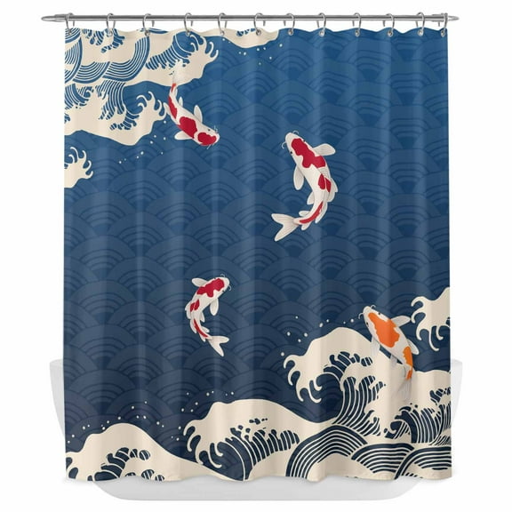 Xipuska Coastal Wave Shower Curtain - Water Repellent Fabric Shower Curtains Washable, Japanese Style Ocean Fish Blue Decorative Polyester Cloth Bathroom Curtains Modern Bath Decor 72"x72"