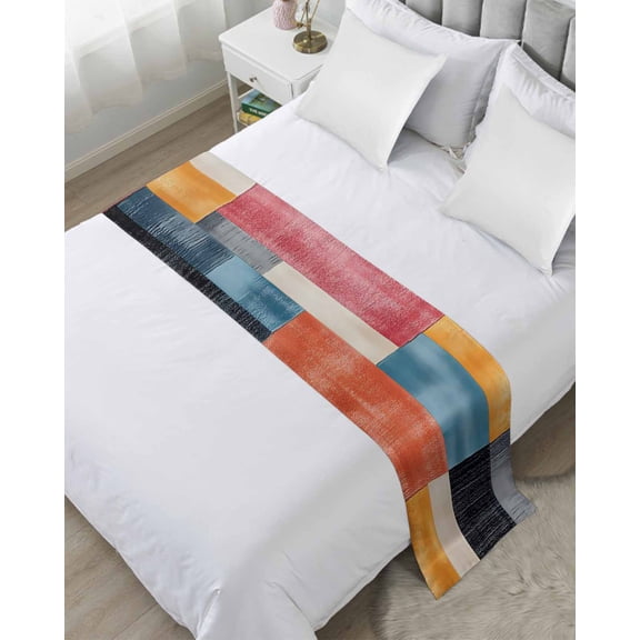 Xipuska Colorful Abstract Geo Bed Runners for Twin Size Bed, Decorative Bed Throws for Foot of Bed, Vintage Color Block Bed Runner Sofa Throw Bedding Scarf Protector Slipcover for Bedroom/Hotel