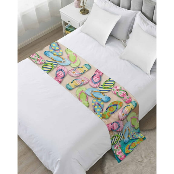 Xipuska Colorful Flip Flops Bed Runners for Twin Size Bed, Decorative Bed Throws for Foot of Bed, Summer Blue Beach Ocean Bed Runner Sofa Throw Bedding Scarf Protector Slipcover for Bedroom/Hotel