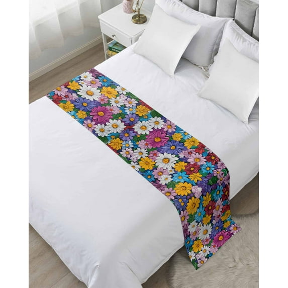 Xipuska Colorful Spring Floral Bed Runners for Twin Size Bed, Decorative Bed Throws for Foot of Bed, Modern Oil Painting Flowers Bed Runner Sofa Throw Bedding Scarf Protector Slipcover for Bedroom