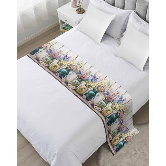 Xipuska Daisies Flowers Bed Runners for Twin Size Bed, Decorative Bed Throws for Foot of Bed, Bottle Floral Vintage Watercolor Bed Runner Sofa Throw Bedding Scarf Protector Slipcover/Hotel