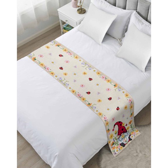 Xipuska Daisy Gnomes Bed Runners for King Size Bed, Decorative Bed Throws for Foot of Bed, Farmhouse Pastoral Garden Floral Burlap Bed Runner Sofa Throw Bedding Scarf Protector Slipcover for Bedroom