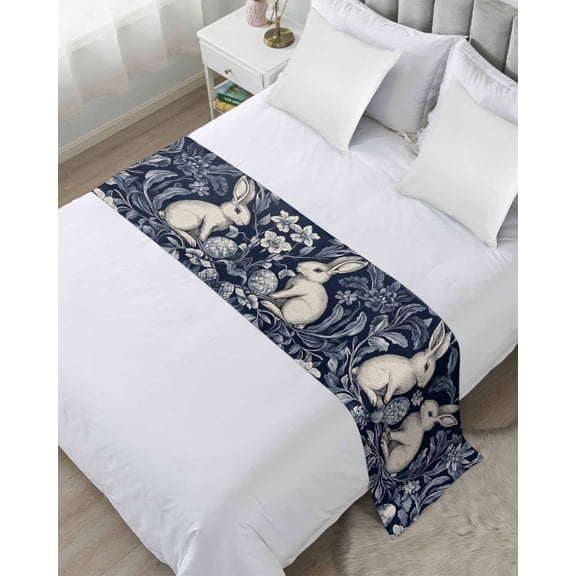 Xipuska Elegant Bunny Easter Bed Runners for Twin Size Bed, Decorative Bed Throws for Foot of Bed, Pastoral Spring Floral Bed Runner Sofa Throw Bedding Scarf Protector Slipcover for Bedroom/Hotel