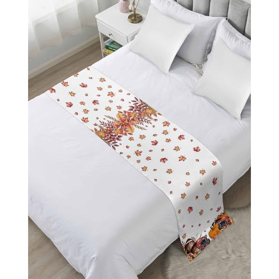 Xipuska Fall Bed Runners for Cal King Size Bed, Decorative Bed Throws for Foot of Bed, Orange Rugby Pumpkin Thanksgiving Maple Leaf Bed Runner Sofa Throw Bedding Scarf Protector Slipcover for Bedroom