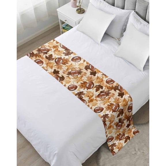 Xipuska Fall Bed Runners for Queen Size Bed, Decorative Bed Throws for Foot of Bed, Thanksgiving Rugby Ball Autumn Country Maple Leaf Bed Runner Sofa Throw Bedding Scarf Slipcover for Bedroom