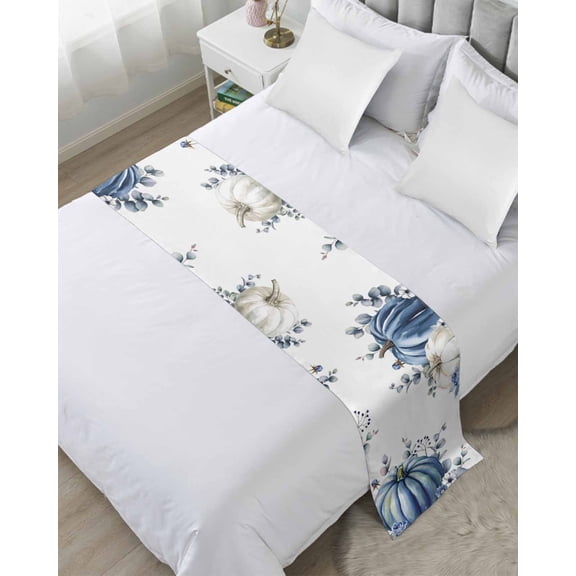 Xipuska Fall Blue Pumpkin Bed Runners for Twin Size Bed, Decorative Bed Throws for Foot of Bed, Thanksgiving White Eucalyptus Flower Bed Runner Sofa Throw Bedding Scarf Slipcover for Bedroom