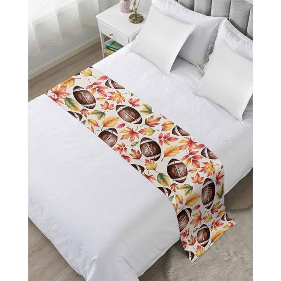 Xipuska Fall Brown Rugby Bed Runners for Twin Size Bed, Decorative Bed Throws for Foot of Bed, Thanksgiving Maple Autumn Leaves Rustic Bed Runner Sofa Throw Bedding Scarf Slipcover for Bedroom