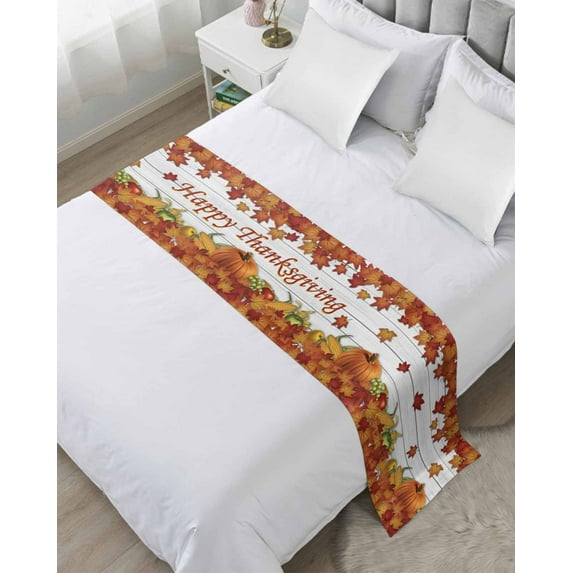 Xipuska Fall Maple Leaves Bed Runners for Twin Size Bed, Decorative Bed Throws for Foot of Bed, Happy Thanksgiving Pumpkins Country Plank Bed Runner Sofa Throw Bedding Scarf Slipcover for Bedroom