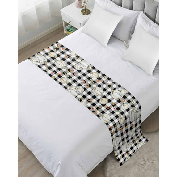 Xipuska Fall Pumpkins Bed Runners for King Size Bed, Decorative Bed Throws for Foot of Bed, Thanksgiving Autumn Black White Plaid Bed Runner Sofa Throw Bedding Scarf Protector Slipcover for Bedroom