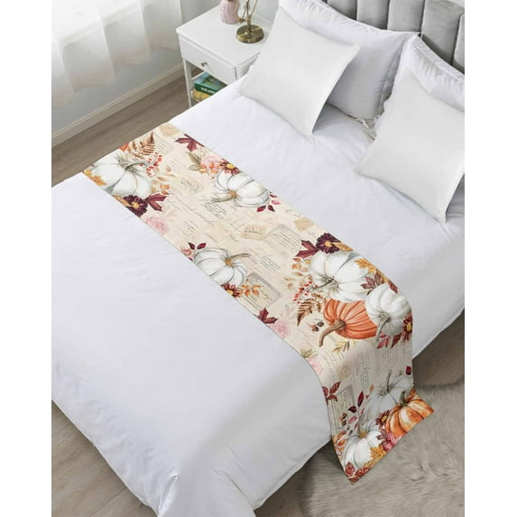 Xipuska Fall White Pumpkin Bed Runners for King Size Bed, Decorative Bed Throws for Foot of Bed, Thanksgiving Orange Floral Leaves Bed Runner Sofa Throw Bedding Scarf Protector Slipcover for Bedroom