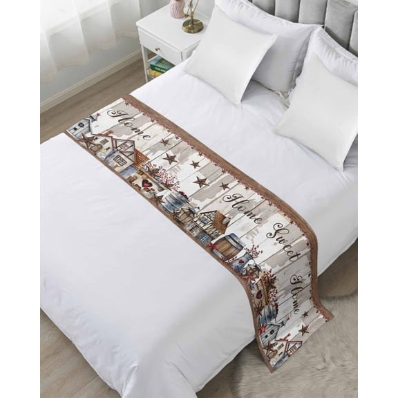 Xipuska Farmhouse Bed Runners for Queen Size Bed, Decorative Bed Throws for Foot of Bed, Retro Country Star Berry Vintage Wood Grain Bed Runner Sofa Throw Bedding Scarf Slipcover for Bedroom