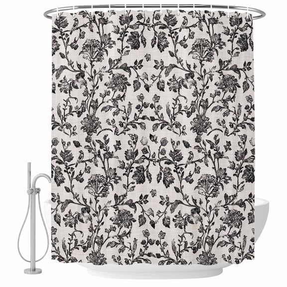 Xipuska Farmhouse Black Shower Curtain - Water Repellent Fabric Shower Curtains Washable, Vintage Flower Leaf Botanical Plant Decorative Polyester Cloth Bathroom Curtains Modern Bath Decor 66"x72"