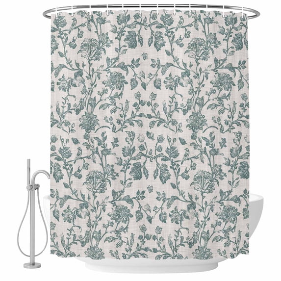 Xipuska Farmhouse Shower Curtain - Water Repellent Fabric Shower Curtains Washable, Teal Blue Green Vintage Flower Leaf Plant Decorative Polyester Cloth Bathroom Curtains Modern Bath Decor 36"x72"