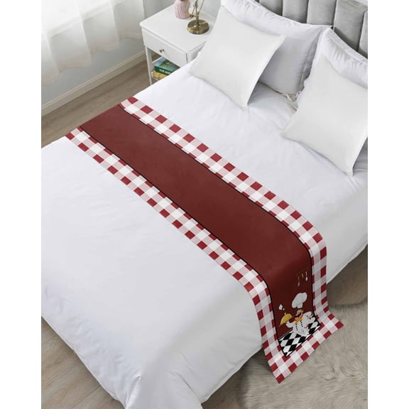 Xipuska Fat Chef Bed Runners for Queen Size Bed, Decorative Bed Throws for Foot of Bed, Red Gourmet Kitchen Red Black Buffalo Plaid Bed Runner Sofa Throw Bedding Scarf Protector Slipcover for Bedroom