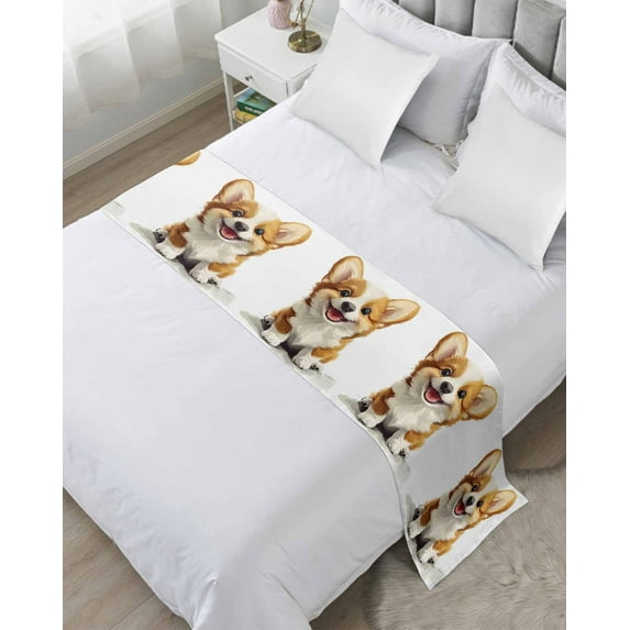 Xipuska Funny Puppy Bed Runners for Cal King Size Bed, Decorative Bed Throws for Foot of Bed, Dog Animal Pattern Modern Minimalism Art Bed Runner Sofa Throw Bedding Scarf Slipcover for Bedroom
