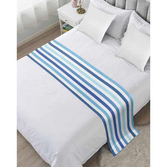 Xipuska Geometric Stripe Bed Runners for Queen Size Bed, Decorative Bed Throws for Foot of Bed, Ombre Farmhouse Blue Vertical Striped Bed Runner Sofa Throw Bedding Scarf Slipcover for Bedroom