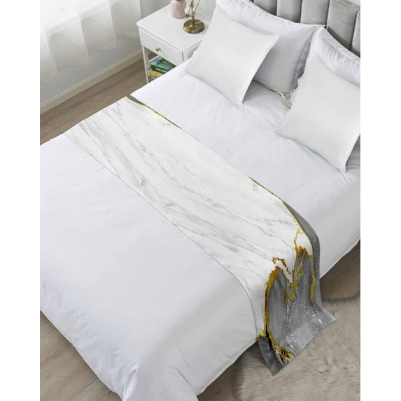 Xipuska Gray Gold Marble Bed Runners for Twin Size Bed, Decorative Bed Throws for Foot of Bed, Modern Abstract Marble Crack Texture Bed Runner Sofa Throw Bedding Scarf Protector Slipcover for Bedroom
