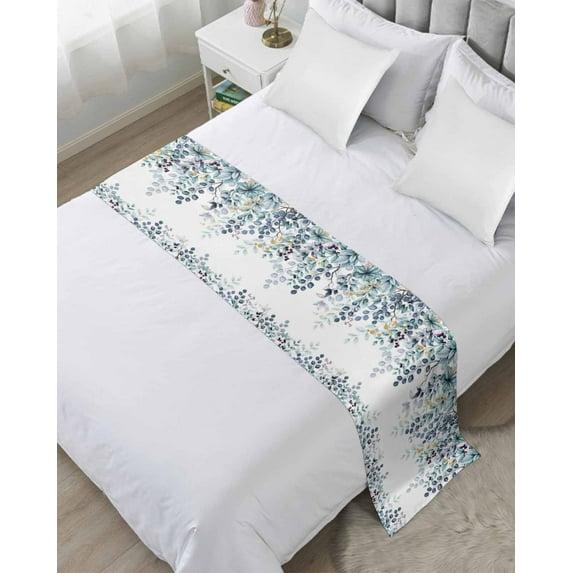 Xipuska Green Blue Eucalyptus Leaves Bed Runners for Twin Size Bed, Decorative Bed Throws for Foot of Bed, Summer Botanical Weeping Bed Runner Sofa Throw Bedding Scarf Protector Slipcover for Bedroom