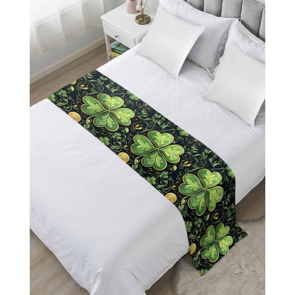 Xipuska Green Clovers Bed Runners for Queen Size Bed, Decorative Bed Throws for Foot of Bed, St. Patrick's Day Gold Bed Runner Sofa Throw Bedding Scarf Protector Slipcover for Bedroom/Hotel