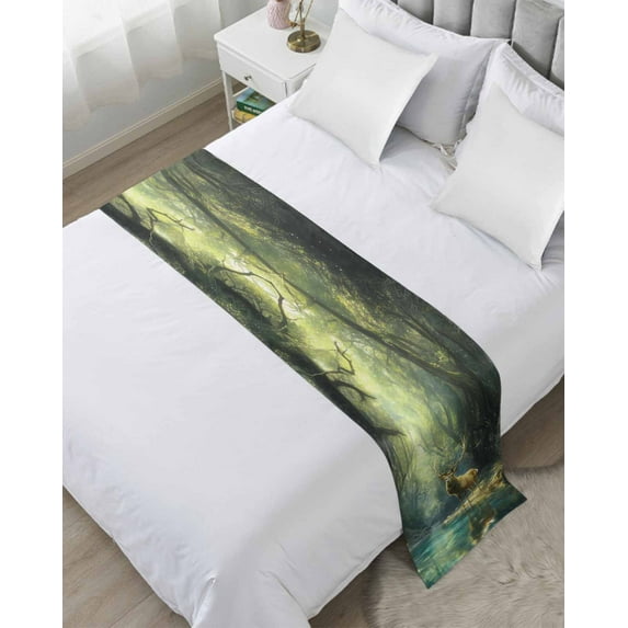 Xipuska Green Forest Deer Bed Runners for Queen Size Bed, Decorative Bed Throws for Foot of Bed, Fantasy Vintage Nature Scenery Bed Runner Sofa Throw Bedding Scarf Protector Slipcover for Bedroom