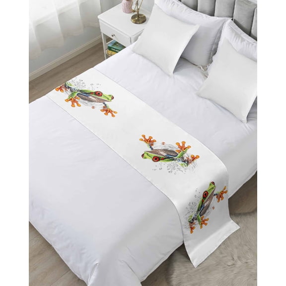 Xipuska Green Funny Frog Bed Runners for Queen Size Bed, Decorative Bed Throws for Foot of Bed, Animal Vintage Artwork Watercolor Bed Runner Sofa Throw Bedding Scarf Protector Slipcover for Bedroom