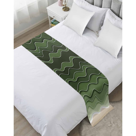 Xipuska Green Ocean Waves Bed Runners for King Size Bed, Decorative Bed Throws for Foot of Bed, Chic Rustic Abstract Ombre Stripes Art Bed Runner Sofa Throw Bedding Scarf Slipcover for Bedroom