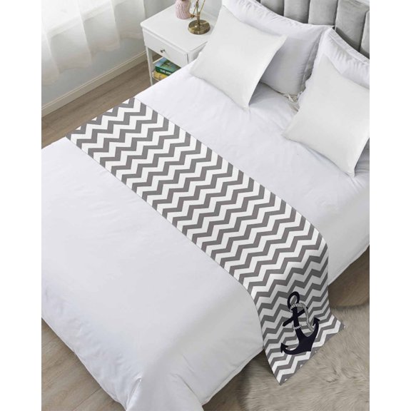Xipuska Grey Zigzag Bed Runners for King Size Bed, Decorative Bed Throws for Foot of Bed, Coastal Nautical Anchor Stripes Bed Runner Sofa Throw Bedding Scarf Protector Slipcover for Bedroom/Hotel