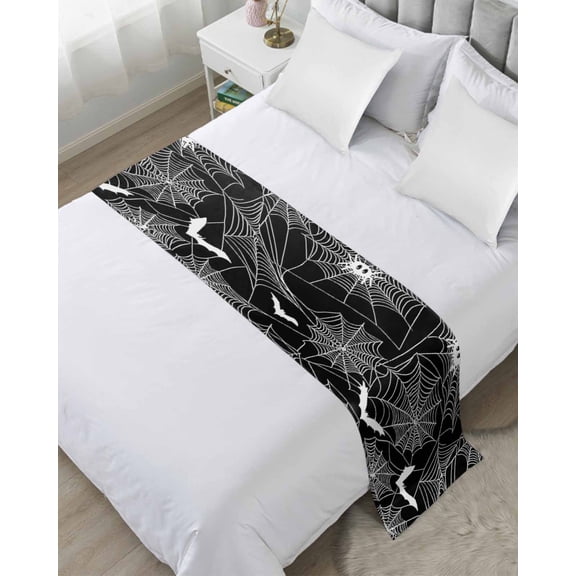 Xipuska Halloween Bed Runners for Cal King Size Bed, Decorative Bed Throws for Foot of Bed, Black Scary White Bat Animal Net Geometric Bed Runner Sofa Throw Bedding Scarf Slipcover for Bedroom