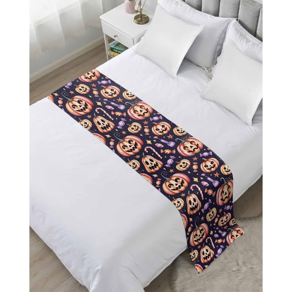 Xipuska Halloween Bed Runners for Queen Size Bed, Decorative Bed Throws for Foot of Bed, Spooky Pumpkins Halloween Scary Funny Candy Bed Runner Sofa Throw Bedding Scarf Slipcover for Bedroom