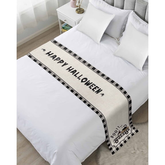 Xipuska Halloween Bed Runners for Twin Size Bed, Decorative Bed Throws for Foot of Bed, Spooky Horror Truck Black Cat Black Plaid Bed Runner Sofa Throw Bedding Scarf Protector Slipcover for Bedroom