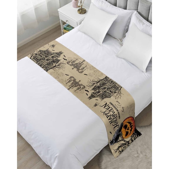 Xipuska Halloween Evil Pumpkin Bed Runners for Queen Size Bed, Decorative Bed Throws for Foot of Bed, Horror Black Crow Haunted House Bed Runner Sofa Throw Bedding Scarf Slipcover for Bedroom