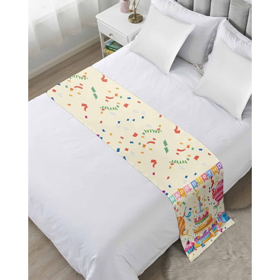 Xipuska Happy Birthday Cake Bed Runners for King Size Bed, Decorative Bed Throws for Foot of Bed, Ribbon Balloon Cartoon Cute Bed Runner Sofa Throw Bedding Scarf Protector Slipcover for Bedroom/Hotel