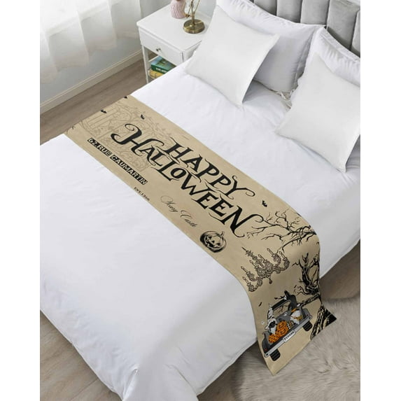 Xipuska Happy Halloween Bed Runners for King Size Bed, Decorative Bed Throws for Foot of Bed, Truck Gnomes Pumpkins Crow Spi-der Bed Runner Sofa Throw Bedding Scarf Protector Slipcover for Bedroom