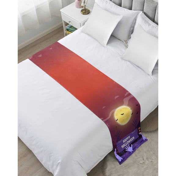 Xipuska Happy Halloween Bed Runners for Twin Size Bed, Decorative Bed Throws for Foot of Bed, Cartoon Purple Scary Hand Skull Bat Bed Runner Sofa Throw Bedding Scarf Protector Slipcover for Bedroom