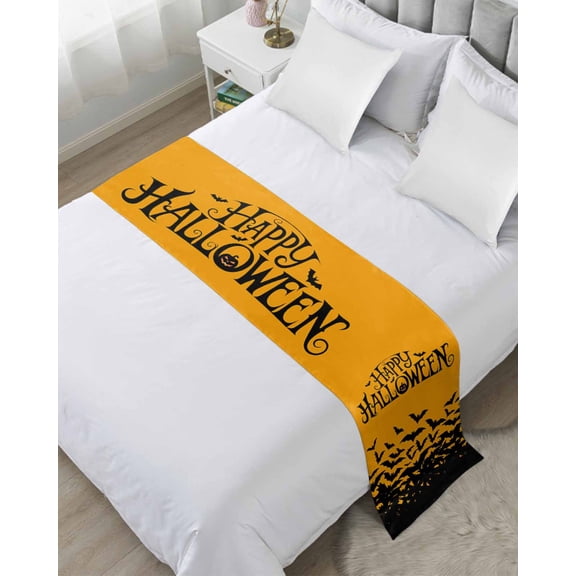 Xipuska Happy Halloween Bed Runners for Twin Size Bed, Decorative Bed Throws for Foot of Bed, Orange Farmhouse Black Bat Scary Animals Bed Runner Sofa Throw Bedding Scarf Slipcover for Bedroom