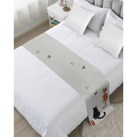 Xipuska Japanese Cute Cat Bed Runners for King Size Bed, Decorative Bed Throws for Foot of Bed, Harmony Cartoon Kitty Butterfly Bed Runner Sofa Throw Bedding Scarf Protector Slipcover for Bedroom