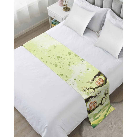 Xipuska Japanese Harmony Bed Runners for Queen Size Bed, Decorative Bed Throws for Foot of Bed, Green Branch Owl Forest Country Bed Runner Sofa Throw Bedding Scarf Protector Slipcover for Bedroom