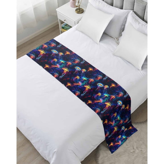 Xipuska Jellyfish Bed Runners for Cal King Size Bed, Decorative Bed Throws for Foot of Bed, Rainbow Ocean Coastal Animal Dream Starry Sky Bed Runner Sofa Throw Bedding Scarf Slipcover for Bedroom