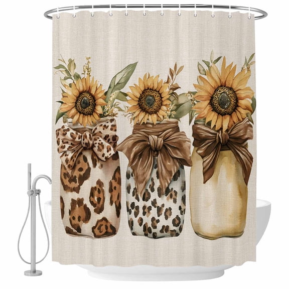 Xipuska Leopard Sunflower Glass Bottle Shower Curtain - Water Repellent Fabric Shower Curtains Washable, Brown Bow Rustic Decorative Polyester Cloth Bathroom Curtains Modern Bath Decor 36"x72"