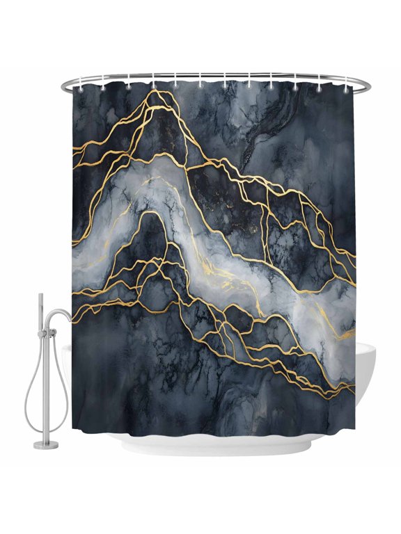 Marble Shower Curtain - Water Repellent Fabric Shower Curtains Washable, Navy Blue Modern Luxury Gold Texture Decorative Polyester Cloth Bathroom Curtains Modern Bath Decor 72"x72"