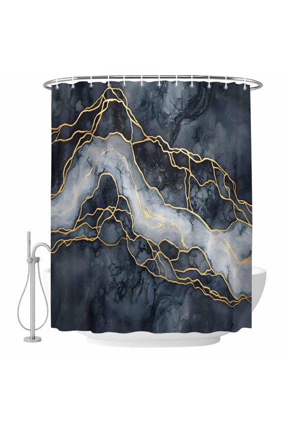 Marble Shower Curtain - Water Repellent Fabric Shower Curtains Washable, Navy Blue Modern Luxury Gold Texture Decorative Polyester Cloth Bathroom Curtains Modern Bath Decor 72"x72"