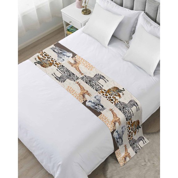 Xipuska Modern Animals Bed Runners for Queen Size Bed, Decorative Bed Throws for Foot of Bed, Vintage Giraffe Zebra Elephant Leopard Bed Runner Sofa Throw Bedding Scarf Protector Slipcover