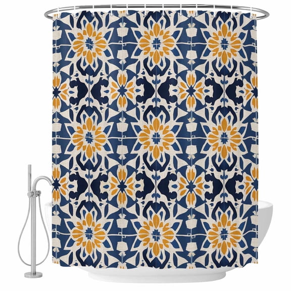 Xipuska Morocco Shower Curtain - Water Repellent Fabric Shower Curtains Washable, Orange Blue Plaid Boho Bohemian Mexican Aztec Decorative Polyester Cloth Bathroom Curtains Modern Bath Decor 72"x78"