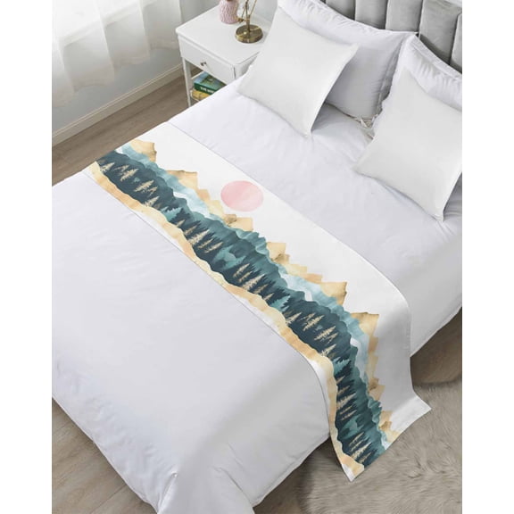 Xipuska Mountain Tree Bed Runners for Cal King Size Bed, Decorative Bed Throws for Foot of Bed, Green Forest Sun Landscape Minimalist Bed Runner Sofa Throw Bedding Scarf Slipcover for Bedroom