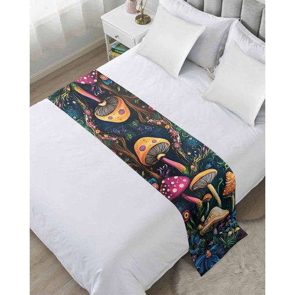 Xipuska Mushroom Bed Runners for Twin Size Bed, Decorative Bed Throws for Foot of Bed, Dream Forest Botanical Floral Plant Bed Runner Sofa Throw Bedding Scarf Protector Slipcover for Bedroom/Hotel