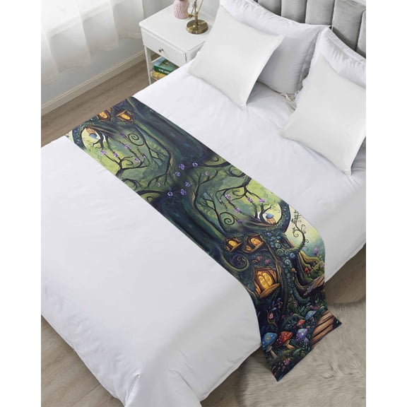 Xipuska Mushroom Bed Runners for Twin Size Bed, Decorative Bed Throws for Foot of Bed, Dream Forest Wooden Cottage Floral Plant Bed Runner Sofa Throw Bedding Scarf Protector Slipcover for Bedroom